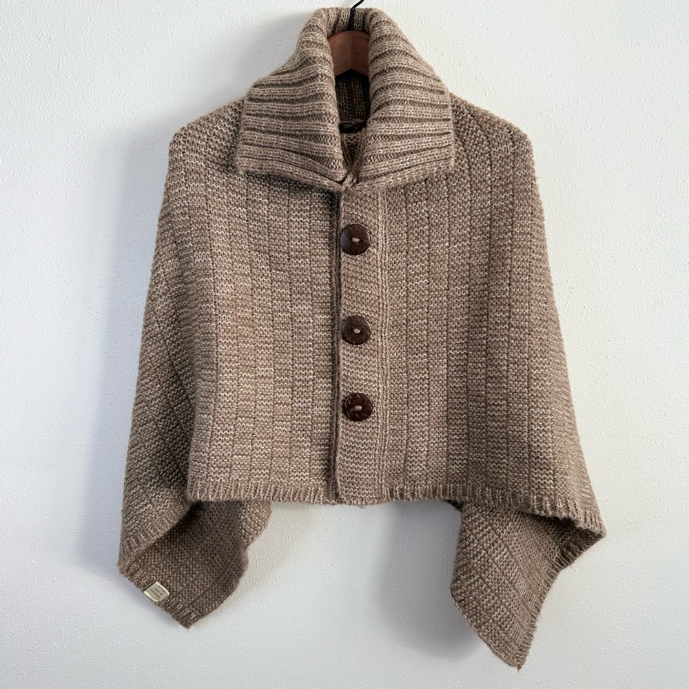 Chunky Knit Poncho Cardigan Taupe Shawl Collar Cape Sweater Cozy
